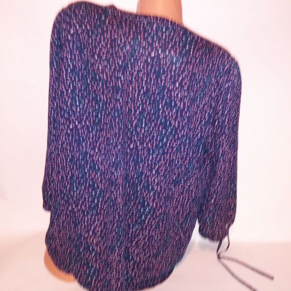 Collective Concepts Blouse Womens 1X Blue Pink Dots Chiffon 3/4 Sleeve V Neck - Picture 6 of 8